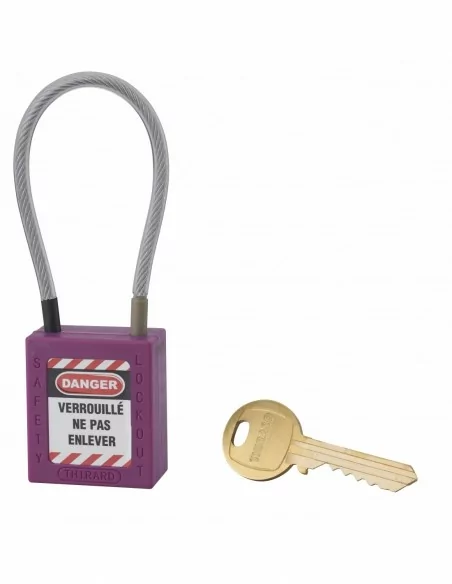 Cadenas de consignation LOTO Lockout Tagout 38 mm câble inox gainé Ø 4,76 x 150 mm - 1 clé violet