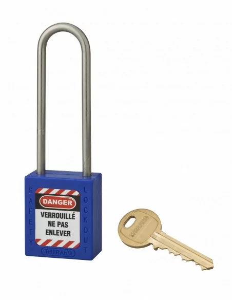 Cadenas de consignation LOTO Lockout Tagout 38 mm anse haute inox Ø 4,76 bleu