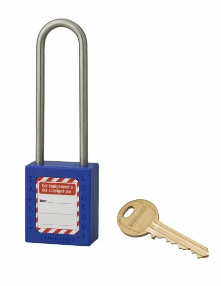Cadenas de consignation LOTO Lockout Tagout 38 mm anse haute inox Ø 4,76 bleu - THIRARD