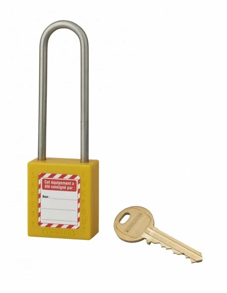 Cadenas de consignation LOTO Lockout Tagout 38 mm anse haute inox Ø 4,76 jaune