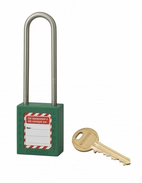 Cadenas de consignation LOTO Lockout Tagout 38 mm anse haute inox Ø 4,76 vert