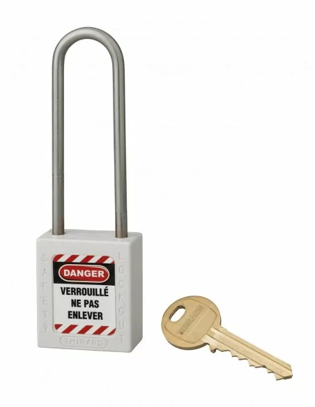 Cadenas de consignation LOTO Lockout Tagout 38 mm anse haute inox Ø 6 blanc