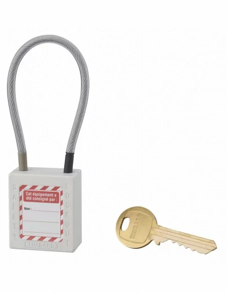 Cadenas de consignation LOTO Lockout Tagout 38 mm câble inox gainé Ø 4,76 x 150 mm - 1 clé blanc