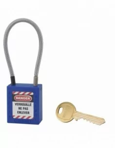 Cadenas de consignation LOTO Lockout Tagout 38 mm câble inox gainé Ø 4,76 x 150 mm - 1 clé bleu