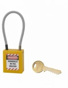 Cadenas de consignation LOTO Lockout Tagout 38 mm câble inox gainé Ø 4,76 x 150 mm - 1 clé jaune