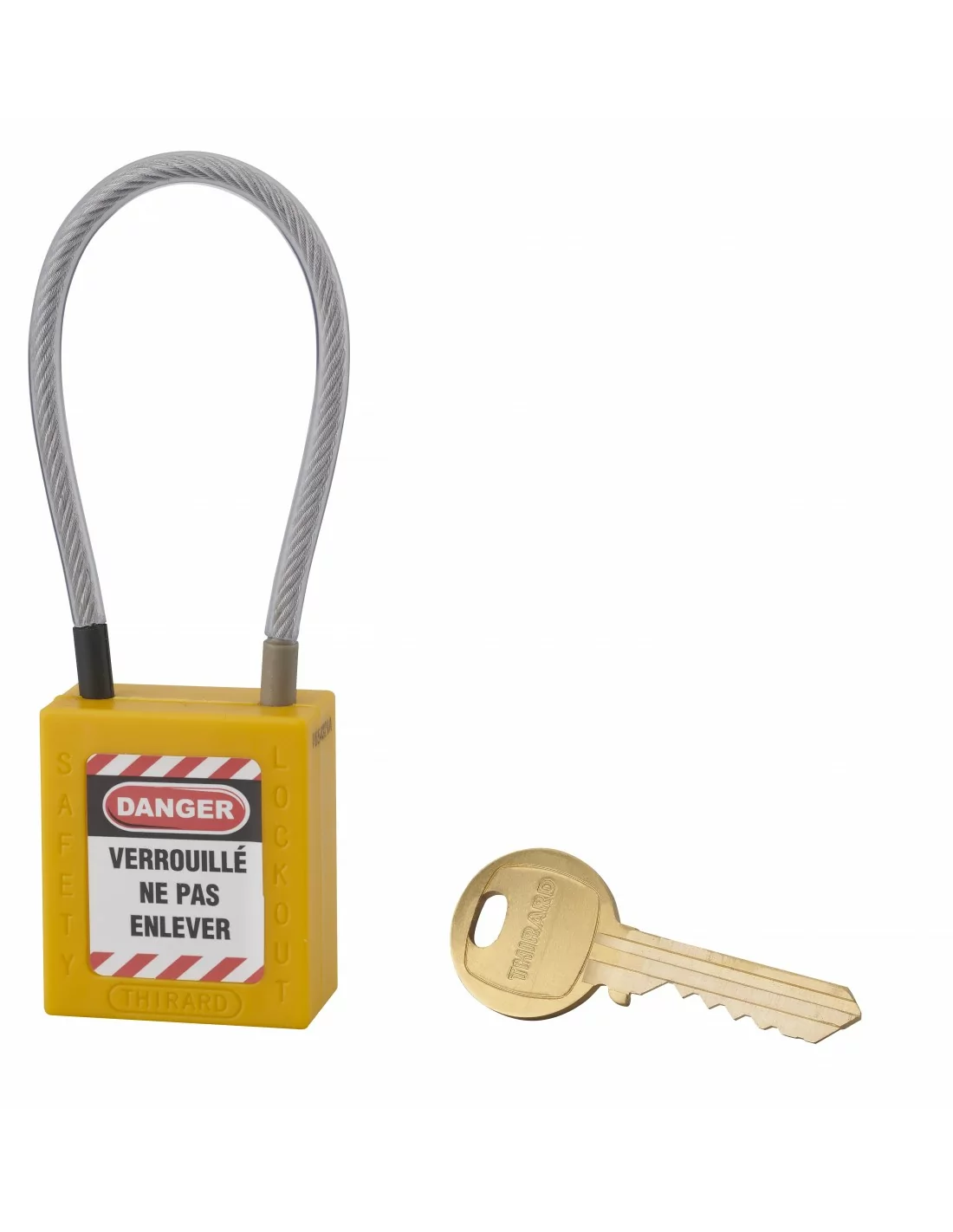 Cadenas de consignation LOTO Lockout Tagout 38 mm câble inox gainé Ø 4,76 x  150 mm - 1 clé jaune