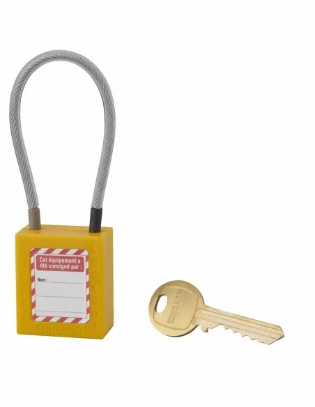 Cadenas de consignation LOTO Lockout Tagout 38 mm câble inox gainé Ø 4,76 x 150 mm - 1 clé jaune