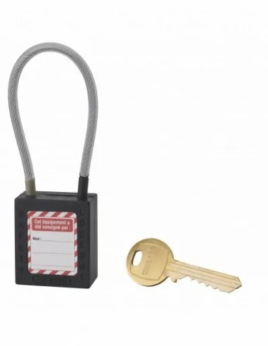 Cadenas de consignation LOTO Lockout Tagout 38 mm câble inox gainé Ø 4,76 x 150 mm - 1 clé noir - THIRARD Cadenas de consignation LOTO Lockout Tagout 38 mm câble inox gainé Ø 4,76 x 150 mm - 1 clé noir - THIRARD
