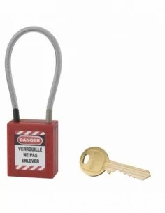 Cadenas de consignation LOTO Lockout Tagout 38 mm câble inox gainé Ø 4,76 x 150 mm - 1 clé rouge