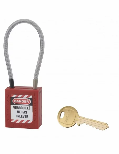Cadenas de consignation LOTO Lockout Tagout 38 mm câble inox gainé Ø 4,76 x 150 mm - 1 clé rouge