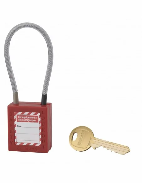 Cadenas de consignation LOTO Lockout Tagout 38 mm câble inox gainé Ø 4,76 x 150 mm - 1 clé rouge