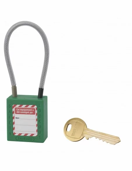 Cadenas de consignation LOTO Lockout Tagout 38 mm câble inox gainé Ø 4,76 x 150 mm - 1 clé vert