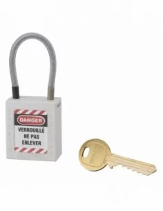 Cadenas de consignation LOTO Lockout Tagout 38 mm câble inox gainé Ø 4,76 x 90 mm - 1 clé blanc