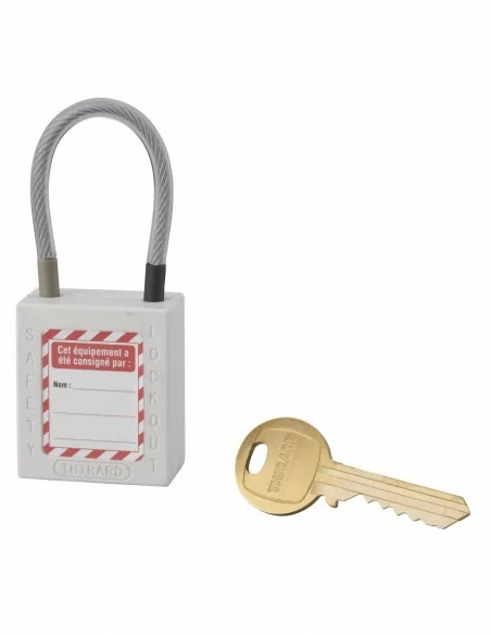 Cadenas de consignation LOTO Lockout Tagout 38 mm câble inox gainé Ø 4,76 x 90 mm - 1 clé blanc