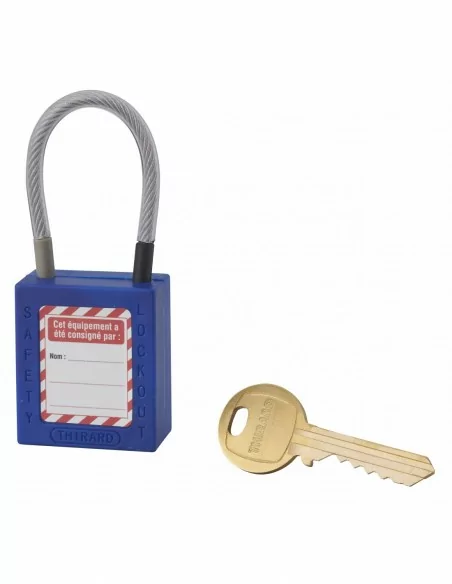 Cadenas de consignation LOTO Lockout Tagout 38 mm câble inox gainé Ø 4,76 x 90 mm - 1 clé bleu