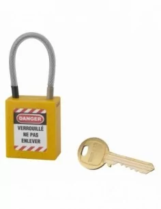 Cadenas de consignation LOTO Lockout Tagout 38 mm câble inox gainé Ø 4,76 x 90 mm - 1 clé jaune
