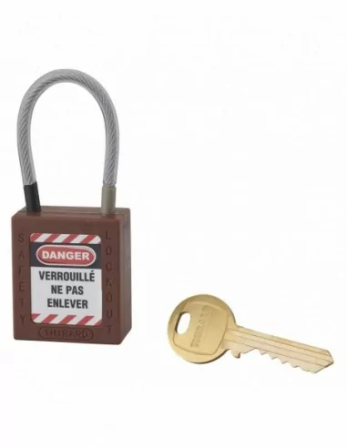 Cadenas de consignation LOTO Lockout Tagout 38 mm câble inox gainé Ø 4,76 x 90 mm - 1 clé marron