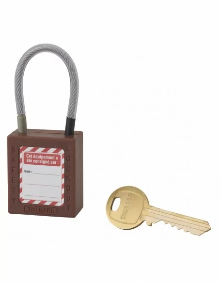 Cadenas de consignation LOTO Lockout Tagout 38 mm câble inox gainé Ø 4,76 x 90 mm - 1 clé marron