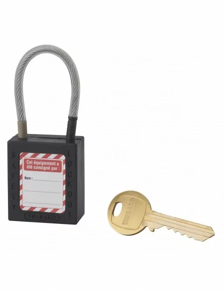 Cadenas de consignation LOTO Lockout Tagout 38 mm câble inox gainé Ø 4,76 x 90 mm - 1 clé noir