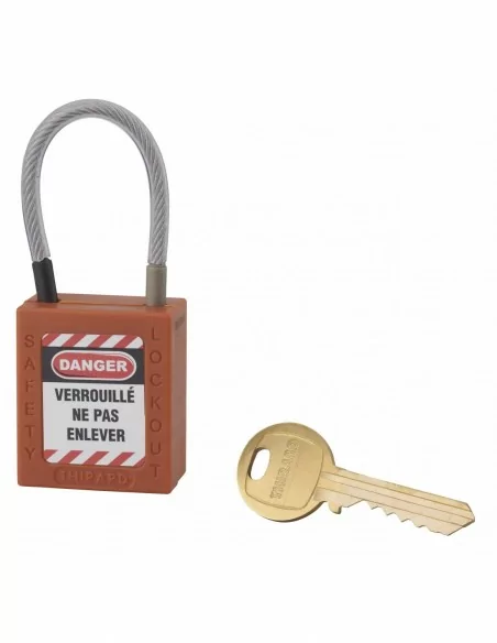 Cadenas de consignation LOTO Lockout Tagout 38 mm câble inox gainé Ø 4,76 x 90 mm - 1 clé orange