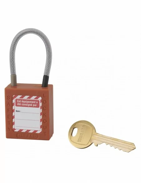 Cadenas de consignation LOTO Lockout Tagout 38 mm câble inox gainé Ø 4,76 x 90 mm - 1 clé orange