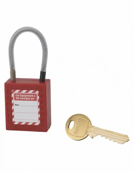 Cadenas de consignation LOTO Lockout Tagout 38 mm câble inox gainé Ø 4,76 x 90 mm - 1 clé rouge