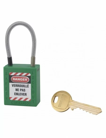 Cadenas de consignation LOTO Lockout Tagout 38 mm câble inox gainé Ø 4,76 x 90 mm - 1 clé vert