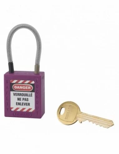 Cadenas de consignation LOTO Lockout Tagout 38 mm câble inox gainé Ø 4,76 x 90 mm - 1 clé violet