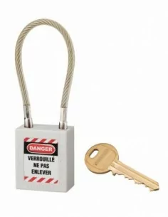 Cadenas de consignation LOTO Lockout Tagout 38 mm câble inox gainé Ø 6 x 150 mm - 1 clé blanc