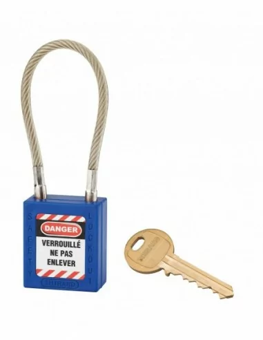 Cadenas de consignation LOTO Lockout Tagout 38 mm câble inox gainé Ø 6 x 150 mm - 1 clé bleu