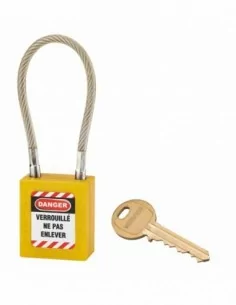 Cadenas de consignation LOTO Lockout Tagout 38 mm câble inox gainé Ø 6 x 150 mm - 1 clé jaune