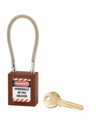 Cadenas de consignation LOTO Lockout Tagout 38 mm câble inox gainé Ø 6 x 150 mm - 1 clé marron