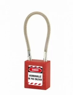 Cadenas de consignation LOTO Lockout Tagout 38 mm câble inox gainé Ø 6 x 150 mm - 1 clé rouge