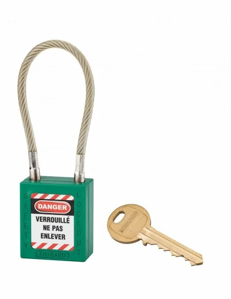 Cadenas de consignation LOTO Lockout Tagout 38 mm câble inox gainé Ø 6 x 150 mm - 1 clé vert