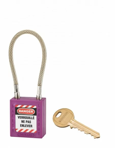 Cadenas de consignation LOTO Lockout Tagout 38 mm câble inox gainé Ø 6 x 150 mm - 1 clé violet