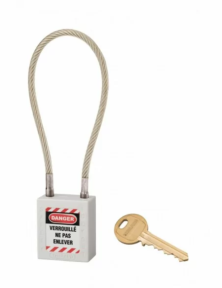 Cadenas de consignation LOTO Lockout Tagout 38 mm câble inox gainé Ø 6 x 240 mm - 1 clé blanc