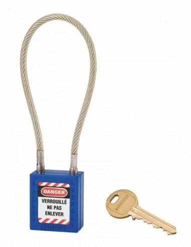 Cadenas de consignation LOTO Lockout Tagout 38 mm câble inox gainé Ø 6 x 240 mm - 1 clé bleu