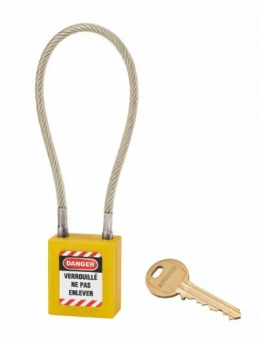 Cadenas de consignation LOTO Lockout Tagout 38 mm câble inox gainé Ø 6 x 240 mm - 1 clé jaune