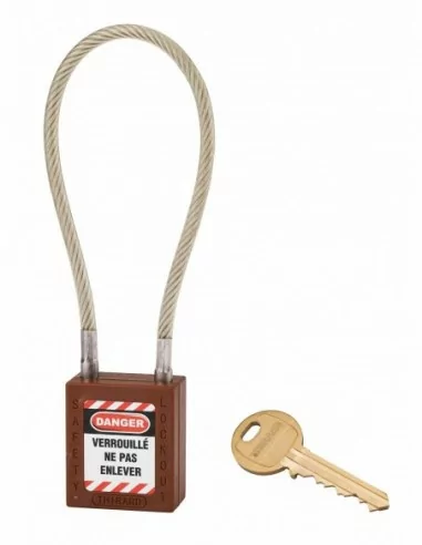 Cadenas de consignation LOTO Lockout Tagout 38 mm câble inox gainé Ø 6 x 240 mm - 1 clé marron