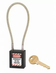Cadenas de consignation LOTO Lockout Tagout 38 mm câble inox gainé Ø 6 x 240 mm - 1 clé noir