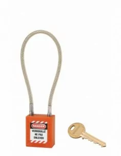Cadenas de consignation LOTO Lockout Tagout 38 mm câble inox gainé Ø 6 x 240 mm - 1 clé orange