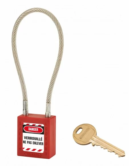 Cadenas de consignation LOTO Lockout Tagout 38 mm câble inox gainé Ø 6 x 240 mm - 1 clé rouge