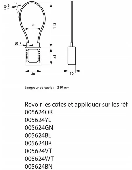 Cadenas de consignation LOTO Lockout Tagout 38 mm câble inox gainé Ø 6 x 240 mm - 1 clé rouge