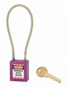 Cadenas de consignation LOTO Lockout Tagout 38 mm câble inox gainé Ø 6 x 240 mm - 1 clé violet