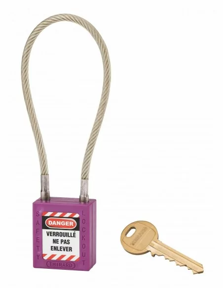 Cadenas de consignation LOTO Lockout Tagout 38 mm câble inox gainé Ø 6 x 240 mm - 1 clé violet