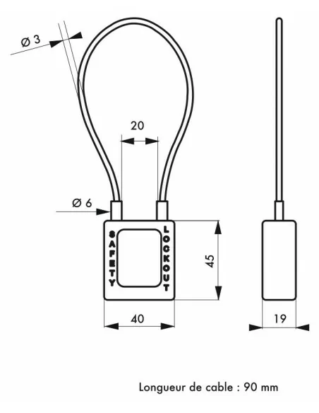 Cadenas à clé 40 mm câble acier Ø 3 x 90â mm - 1 clé