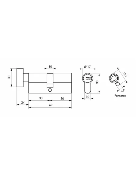 Cylindre bouton 30x30 mm 5 clés longues fonction urgence