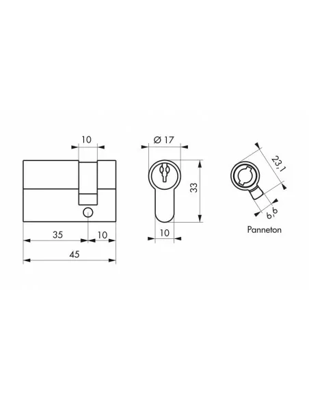 Demi cylindre 35 x 10 mm 3 clés panneton orientable laiton