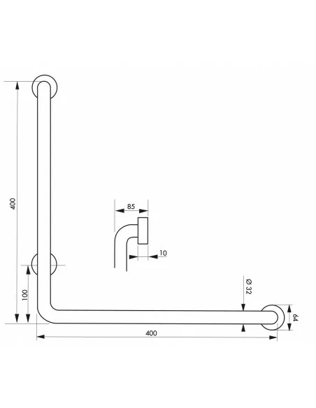 Barre de maintien angle 90° Ø32mm l.350mm - inox brossé