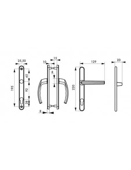 Poignée de porte Sultane 235x25 c8x92mm trou de cylindre béquille saillie réduite inox f9